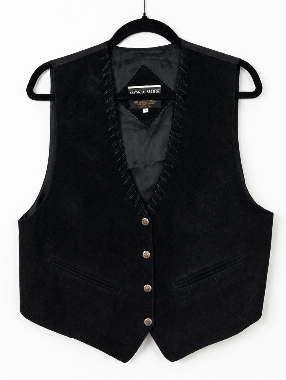 Vintage 90s Mona Mode Black Suede Leather Western Cowgirl Biker Vest Latge